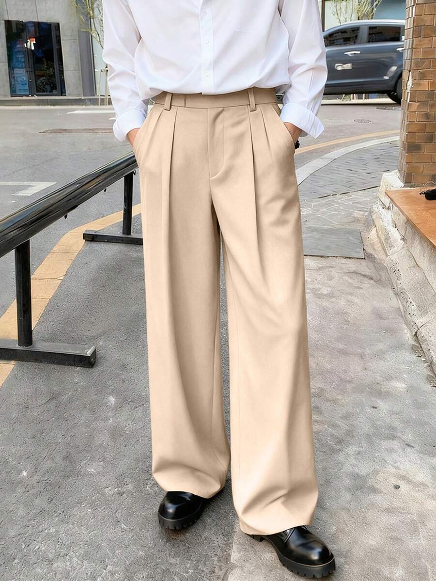 Manfinity Roghcode Men's Casual Slant Pocket Pleated Trousers, Suitable For Commuting - Khaki - View 1