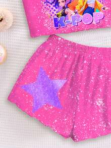 SHEIN 2pcs/Set Baju Anak Perempuan Modis & Motif Huruf & Bintang Grup K-POP, Pakaian Bermotif Gaya , Karakter Kartun Berwarna-warni - MultiWarna - View 5