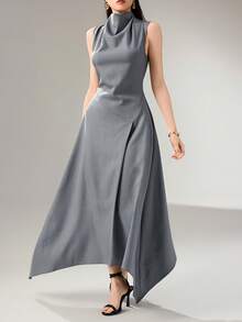 Heiryn Steel Gray Summer Elegant Women's Draped Mock Neck Sleeveless Asymmetrical Maxi Dress,Handkerchief Hem Formal Occasion Dress For Wedding Guest&Brunch - Grey - View 1