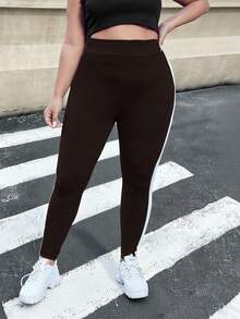 SHEIN EZwear Plus Size Chocolate Brown Contrast Color High Waist Leggings Brown Leggings Athletic Leggings Striped Leggings Brown Bottoms Women Women's Leggings - Chocolate Brown - View 3