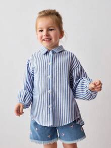 Maija Kids Maija Kids 女童蓝白条纹宽松休闲衬衫，后背饰有蝴蝶结，翻领设计 - 藍白色 - 查看 5