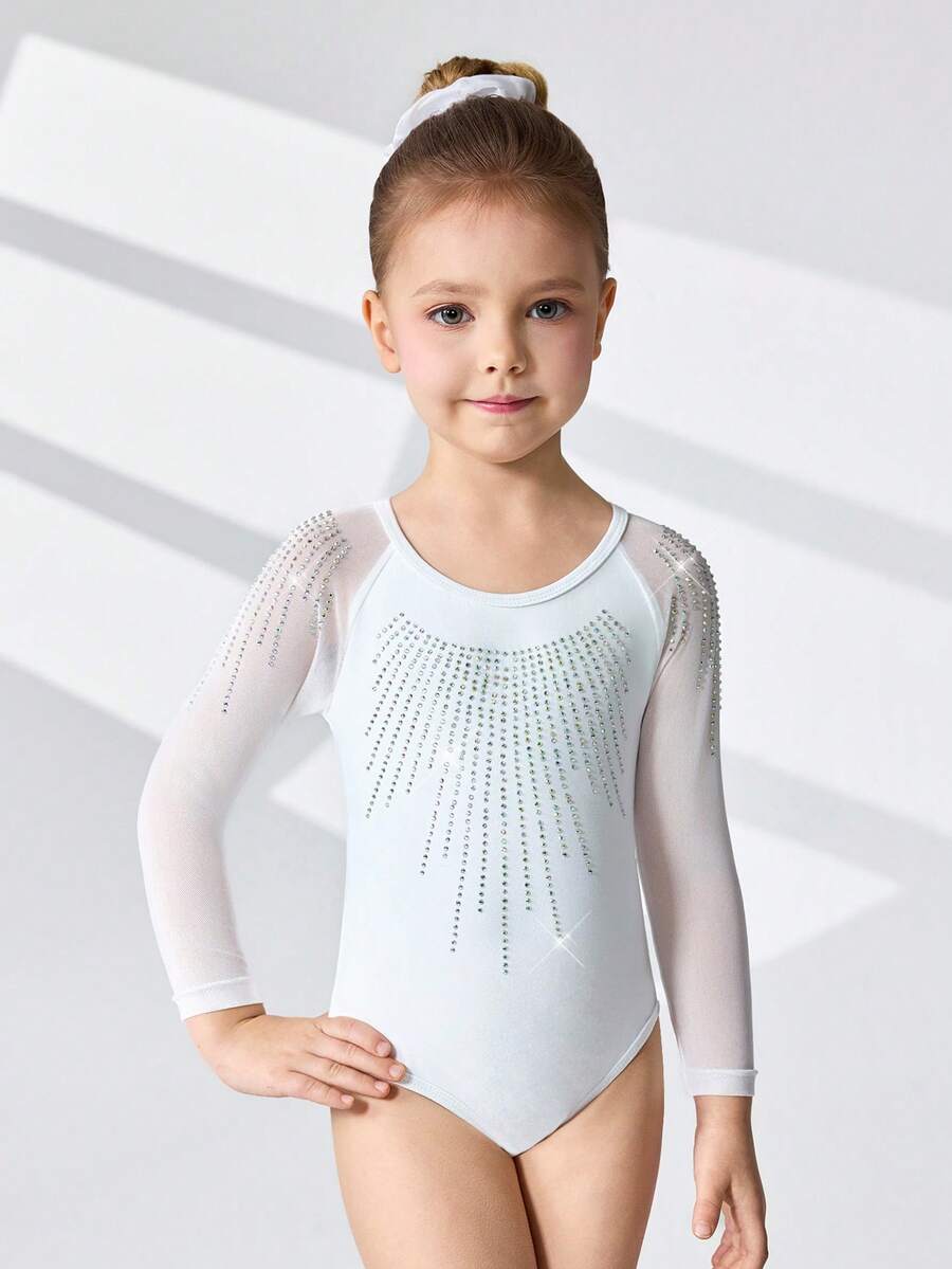 بذلة رياضية للبنات الصغيرات مزينة بالراين الأبيض، ملابس رياضية أساسية ذات لون أحادي مناسبة للجمباز وأنشطة أخرى، للربيع/الصيف - الأزرق - مشاهدة 1