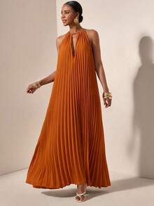 Zivah 2026春夏新款音乐节、复活节、圣帕特里克节、情人节、约会、西部风情、游牧风、生日派对、毕业典礼、大学、学生、日常休闲、基础款、休闲、度假、邮轮、海滩、日光浴、爆款、街头风、婚礼宾客、波西米亚风、通勤、早午餐、机场、派对、假日郊游、办公室着装 露背系带无袖A字长款褶皱飘逸黄色雪纺连衣裙 - 黃色 - 查看 8