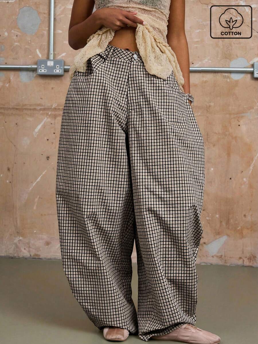 COUREZ Unisex Women Men Low Rise Baggy Barrell Fit Check Trousers Cotton - Coffee Brown - View 1