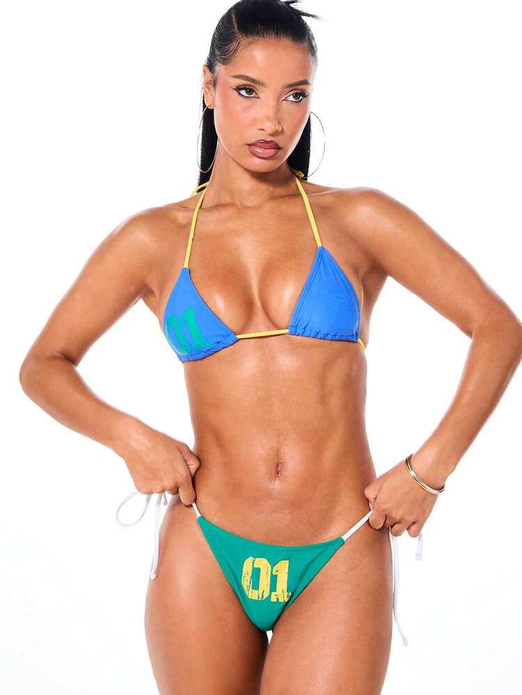 SUMWON Color Block Triangle Halter Bikini Set With Text Print Two Piece Swimwear Summer Beach Vacation Brazilian Style Swimsuit