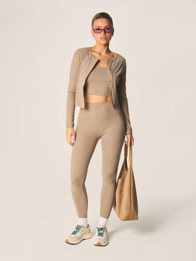 MISSGUIDED Three Piece Ribbed Knit Lounge Set With Long Sleeve Cardigan Crop Top And High Waist Leggings For Casual Comfort