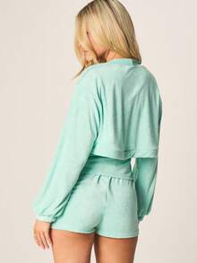 MISSGUIDED Oversized Lounge Co-Ord Set Long Sleeve Sweatshirt With Drawstring Shorts Comfort Relaxed Fit Two Piece Outfit - Mint Blue - View 2