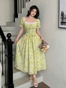 Glamine Charm 系带腰身泡泡袖拼接蕾丝印花连衣裙长款女装 - 綠色 - 查看 7