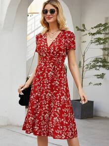 Breezaya Women's Fashion V-Neck Floral Criss-Cross Tie Wrap Dress - Red - View 4