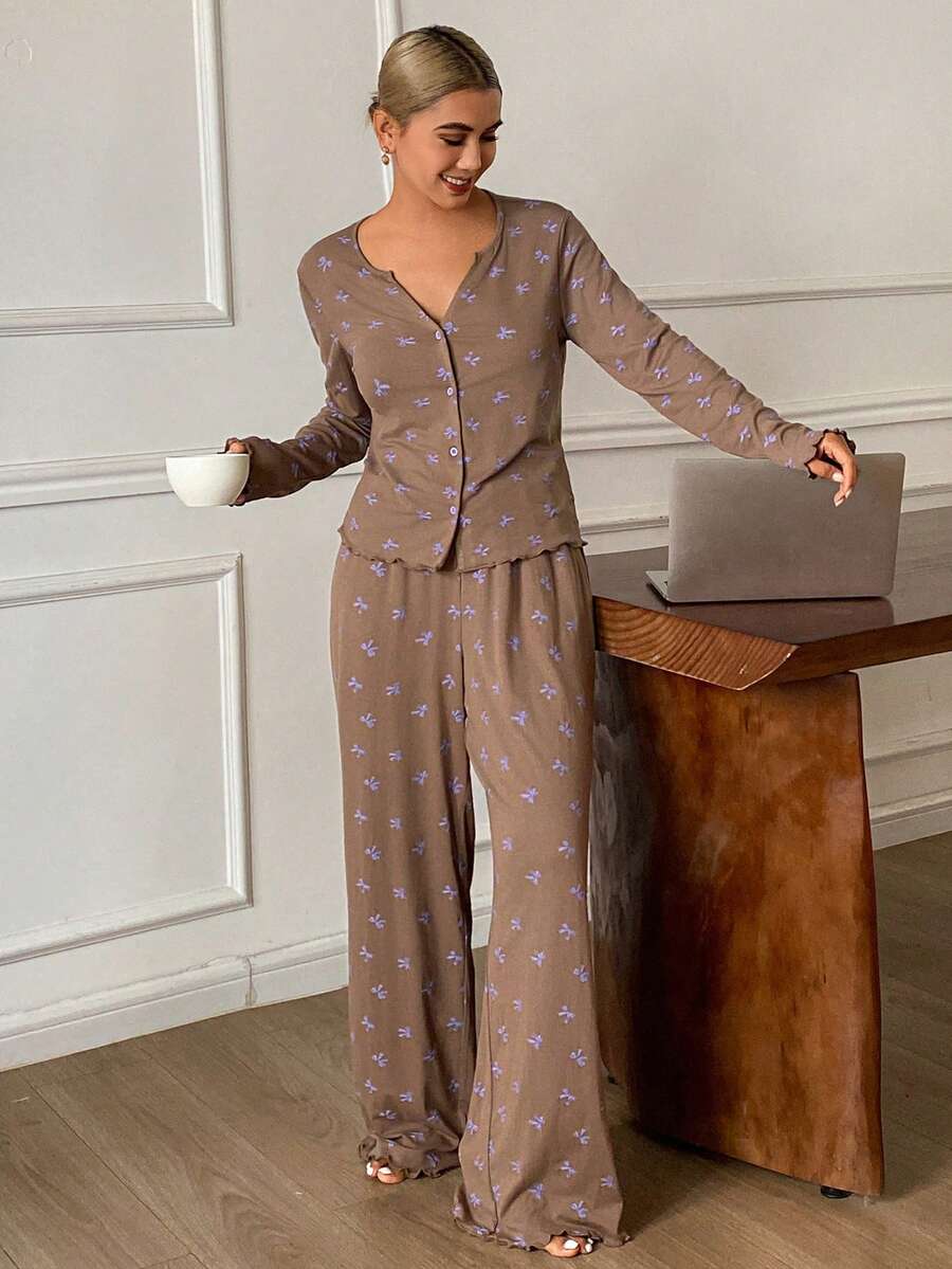 DAZY 2pcs Knitted Bow Print Cardigan & Pants Pajama Set For Women, Autumn - Khaki - View 1