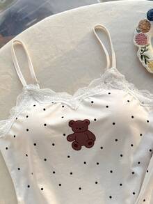 SHEIN Teen Girls' Summer Bear Graphic Camisole & Leggings Pajama Set - Apricot - View 5