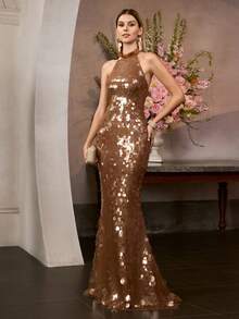 MOTF Soiréza WOMEN'S SEQUIN HALTER NECK SLEEVELESS MERMAID GOWN , IDEAL FOR WEDDINGS, GALA DINNERS, AWARD CEREMONIES AND RED-CARPET EVENTS - Coffee Brown - View 2