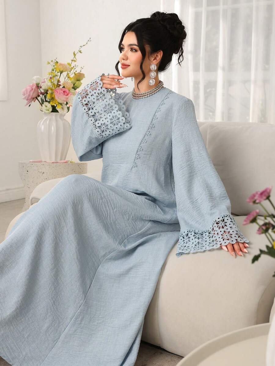 Al Najma Elegant Contrast Lace Flare Sleeve Loose Arabic Style Dress - Baby Blue - View 1