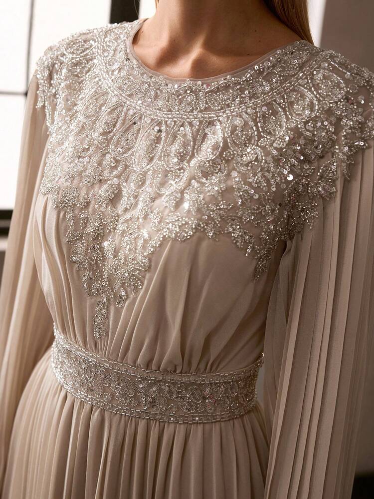 MOTF Soiréza WOMEN'S ELEGANT FORM-FITTING ROUND NECK LONG FLARED SLEEVES MAXI PARTY GOWN, PLEATED CHIFFON WITH SPARKLY BEAD APPLIQUE EMBELLISHMENTS,PERFECT FOR WEDDINGS, GALAS & HOLIDAY PARTIES, SPRING SUMMER DRESSES