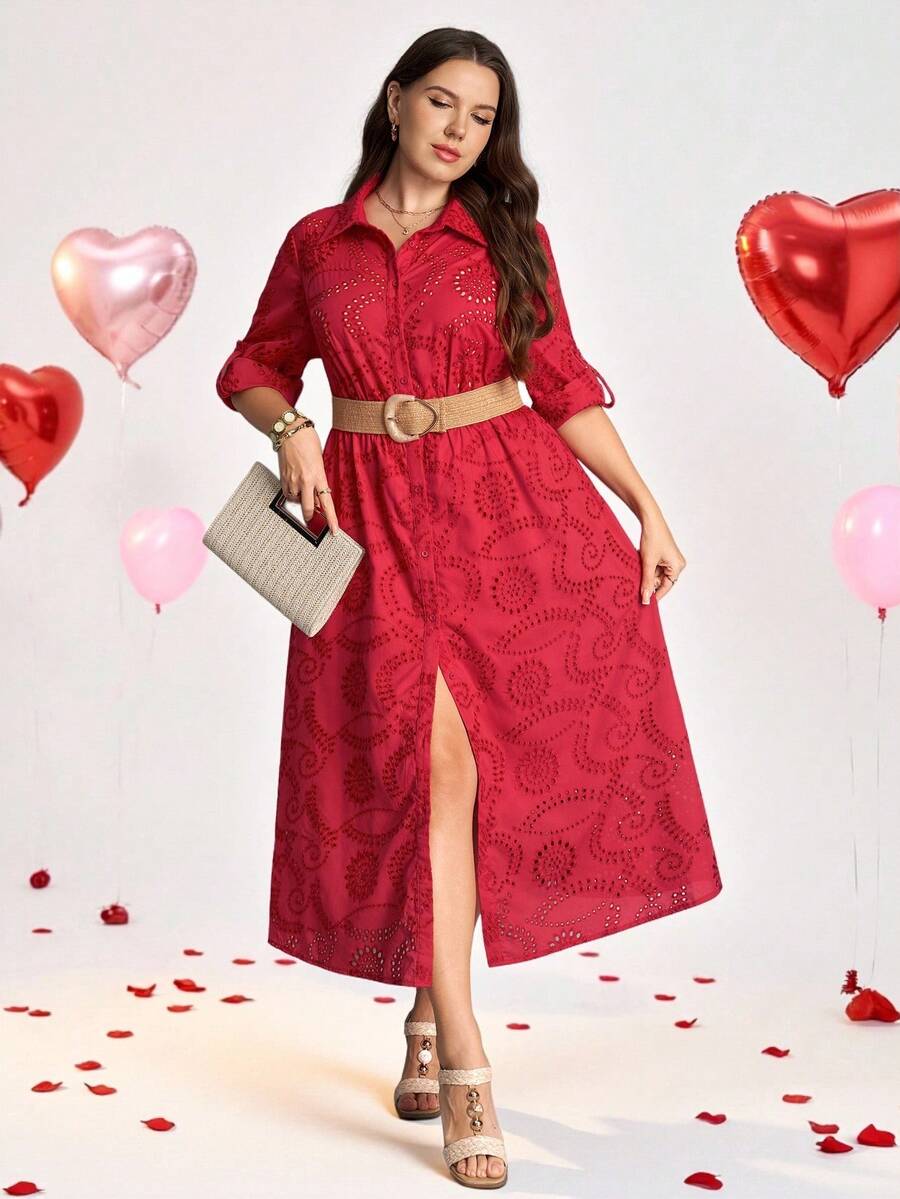 Comfylo Vestido casual versátil de talla grande con botones frontales y diseño hueco de unicolor - Rojo - View 1