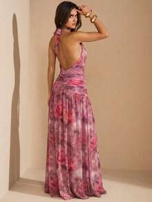 SHEIN BAE 春夏粉色玫瑰印花深V领系带腰身褶皱下摆长裙，优雅大方，适合鸡尾酒会、浪漫约会、聚会、正式活动、伴娘礼服、晚礼服等场合。 - 粉色 - 查看 2