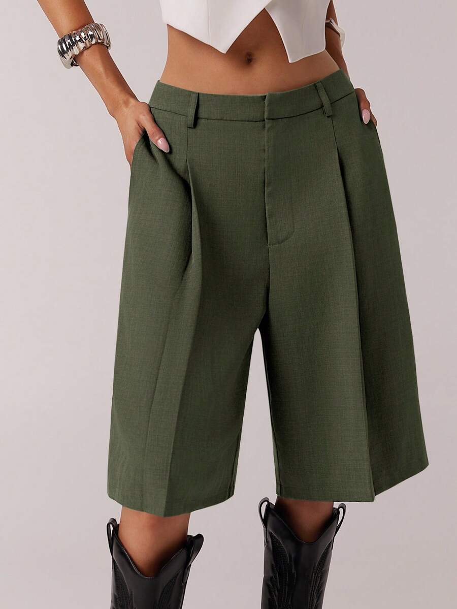 SHEIN Forever 21 Women's Minimalist Solid Color Bermuda Shorts, Suitable For Commuting, Spring - Hunter Green - View 1