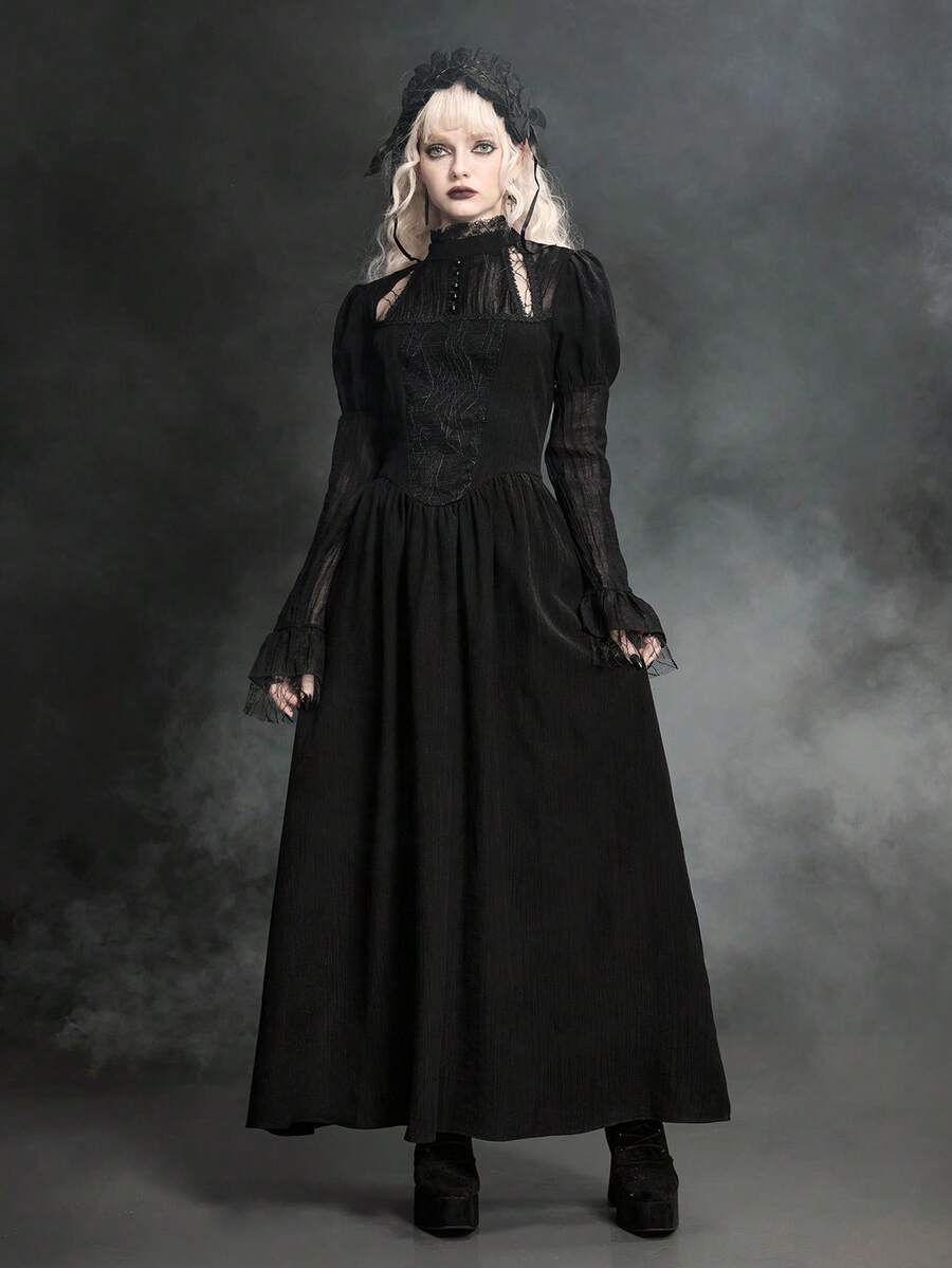 ROMWE Gothic Style Spider Web Lace Puff Sleeve Fitted A-Line Maxi Dress - Black - View 1