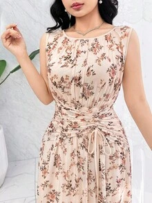 Feyla Women's Floral Print Ruched Waist Elegant Dress, Suitable For Dates And Parties - Apricot - View 5
