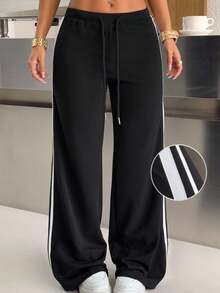 SHEIN EZwear Women's Casual Striped Patchwork Black Knit Stretch Pants - Black - View 6