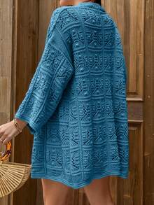 RueChic Women Kimona With Open Knit Fringes, - Teal Blue - View 2