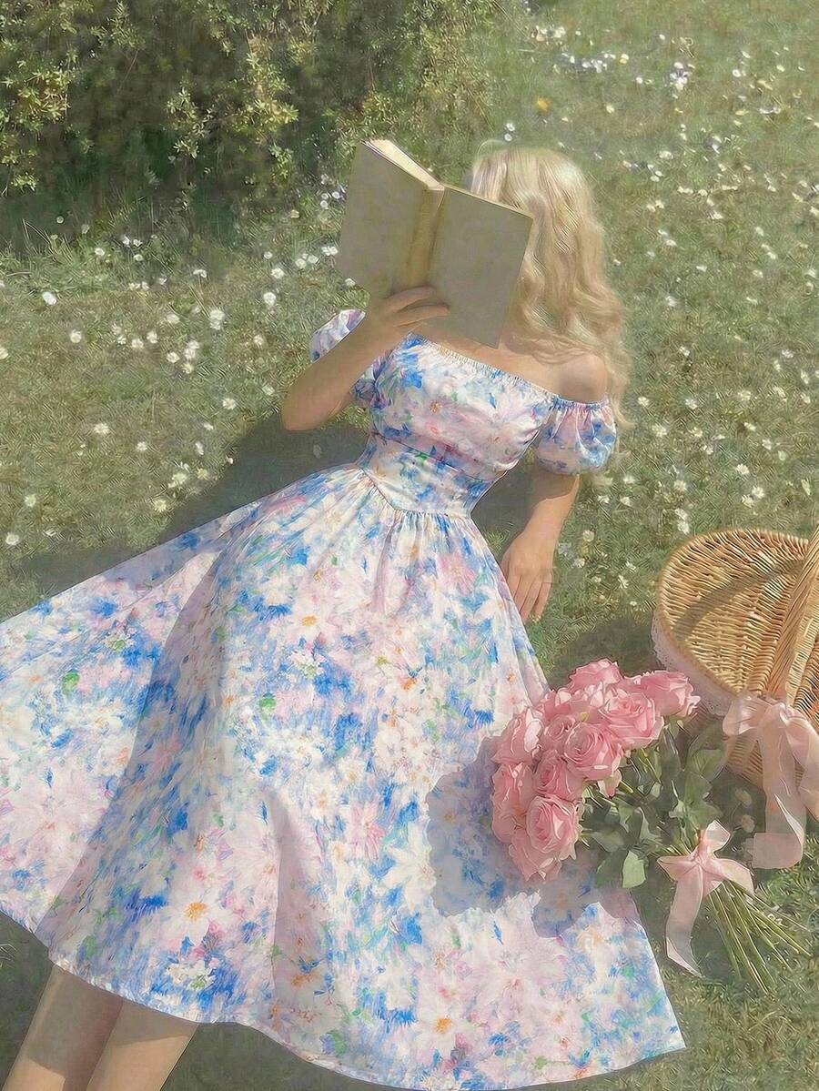 SHEIN MOD Vestido midi con hombros descubiertos, mangas abullonadas y estampado floral para mujer talla grande, primavera