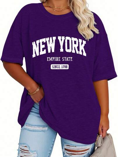 EMERY ROSE Plus Size Women's Casual Loose Fit New York Letter Print Round Neck Mid-Length Short Sleeve T-Shirt