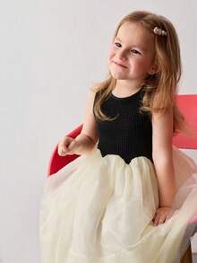 Maija Kids Young Girl Knitted Jacquard Contrast Mesh Round Neck Sleeveless Cute Dress - Multicolor - View 5