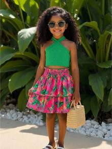 Young Girl's Summer Vacation Casual Green Criss-Cross Sleeveless Camisole Top Paired With Tropical Ditsy Floral Elastic Waist Pleated Midi Skirt - Multicolor - View 1