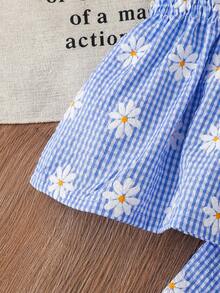 SHEIN 小女孩可爱雏菊格子印花吊带背心和飘逸阔腿裤套装，适合日常休闲和度假穿着。 - 藍色 - 查看 8