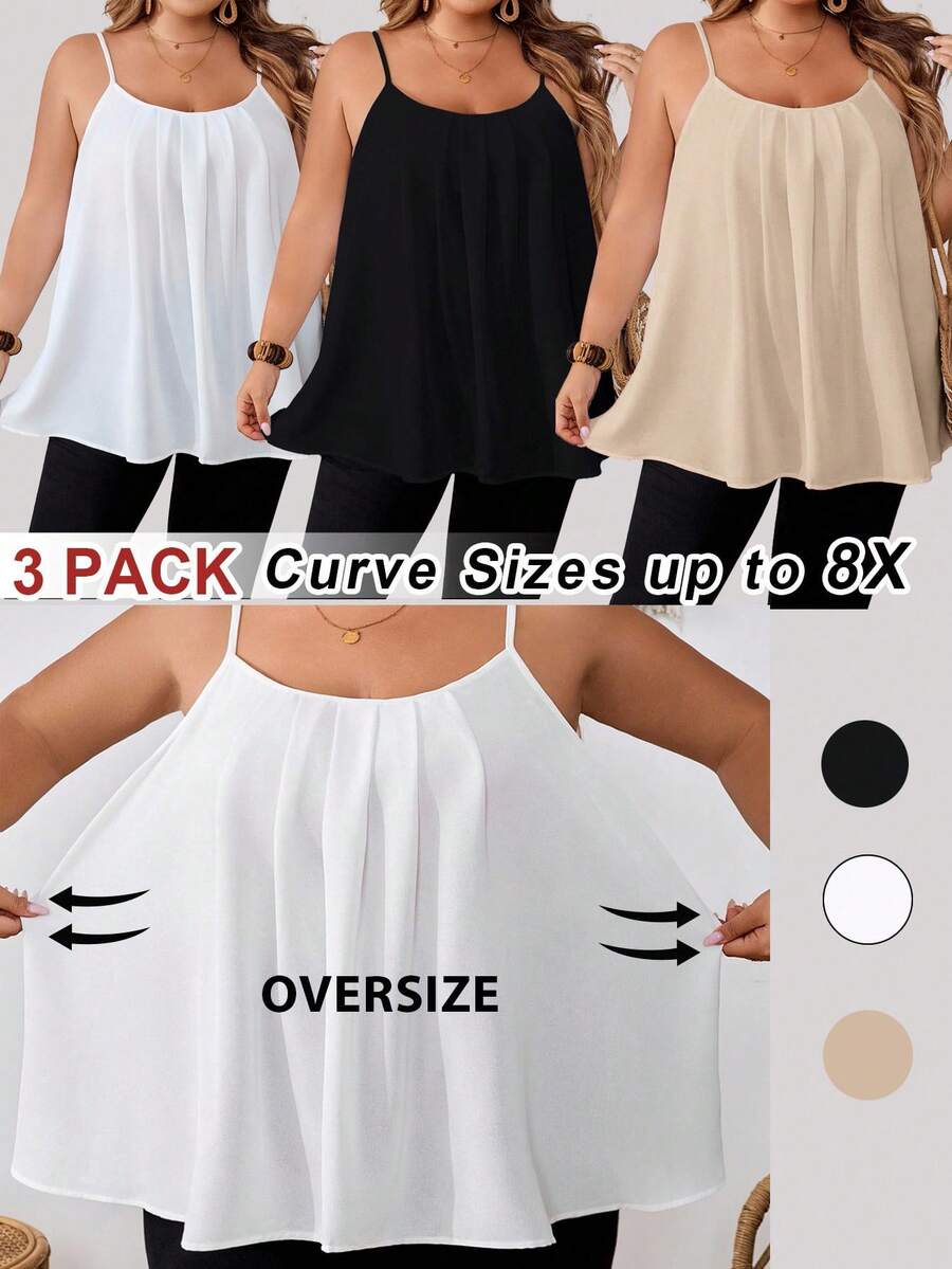 SHEIN CURVE+ 【6件/包】大码女式宽松吊带背心,黑色、白色、粉色,休闲优雅,适合日常穿着和度假,夏季/乡村/海滩度假装/沙滩装/沙滩服饰 - 彩色 - 查看 1