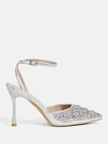 CUCCOO TILAWA Women's Pointed Toe Rhinestone Embellished Stiletto Heels, Sexy & Fashionable Ankle Strap Party/Club Pumps - Silver - View 2