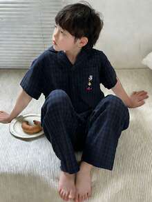 Dazy Kids Tween Boy Textured Button Front Short Sleeve Top And Pants, Summer Outfit - Navy Blue - View 4