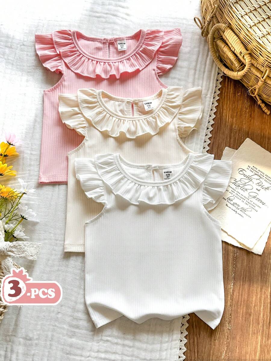 Vintaside Kids 3pcs Young Girls Minimalist Ruffle Collar Cap Sleeve Tops, Suitable For Daily Wear, Outings And Vacations, Spring/Summer - Multicolor - View 1
