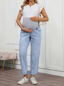 SHEIN Maternity Casual Light Blue High Waist Versatile Daily Jeans - Blue - View 5
