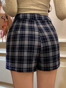 DAZY 女士格子休闲/办公通勤迷你裙短裤，春夏款 - 藏蓝色 - 查看 4