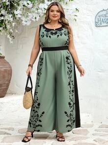 SHEIN CURVE+ Curve 加大码 US22 音乐节、海滨度假、波西米亚风 CURVE PLUS / 女士优雅露背连体裤，宽松撞色印花度假连体裤 - 綠色 - 查看 7