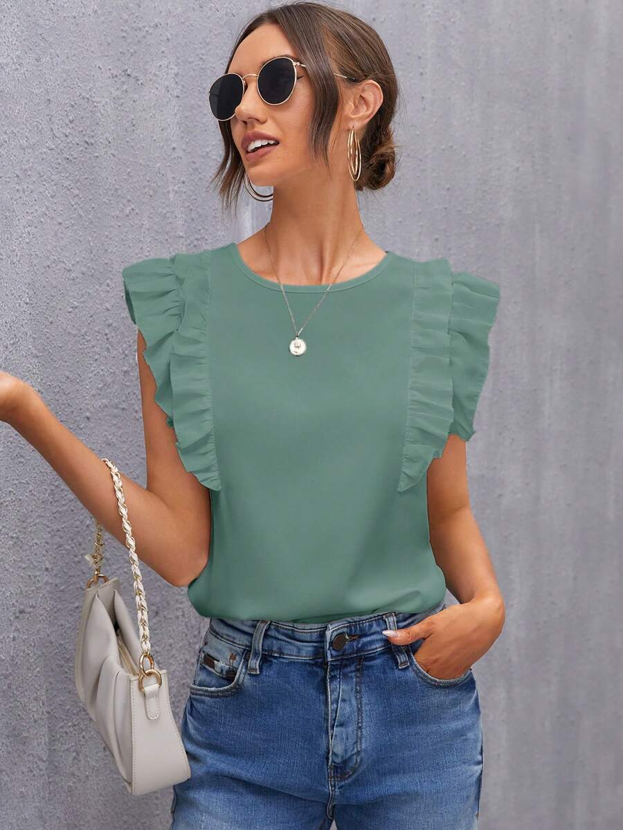SHEIN Clasi Blusa de primavera con abertura en la espalda y volantes en los brazos para mujer - verde menta - Ver 1
