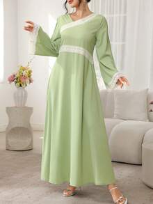 SHEIN Najma Oblique Collar Lace Trim Pleated Long Sleeve Flared Hem Arabic Style Dress For Women - Green - View 4