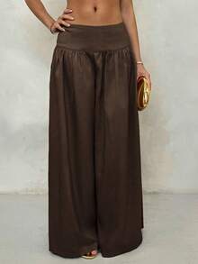 Glamine 复古低腰阔腿裤，飘逸显瘦休闲女长裤，秋季返校季棕色阔腿裤，夏季阔腿裤，棕色长款阔腿裤，沙滩度假，夏季阔腿裤，棕色长裙长裤 - 咖啡棕 - 查看 4