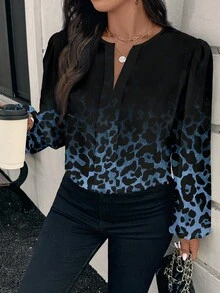 EMERY ROSE Plus Size Ombre Leopard Print V-Neck Long Sleeve Shirt - Multicolor - View 3