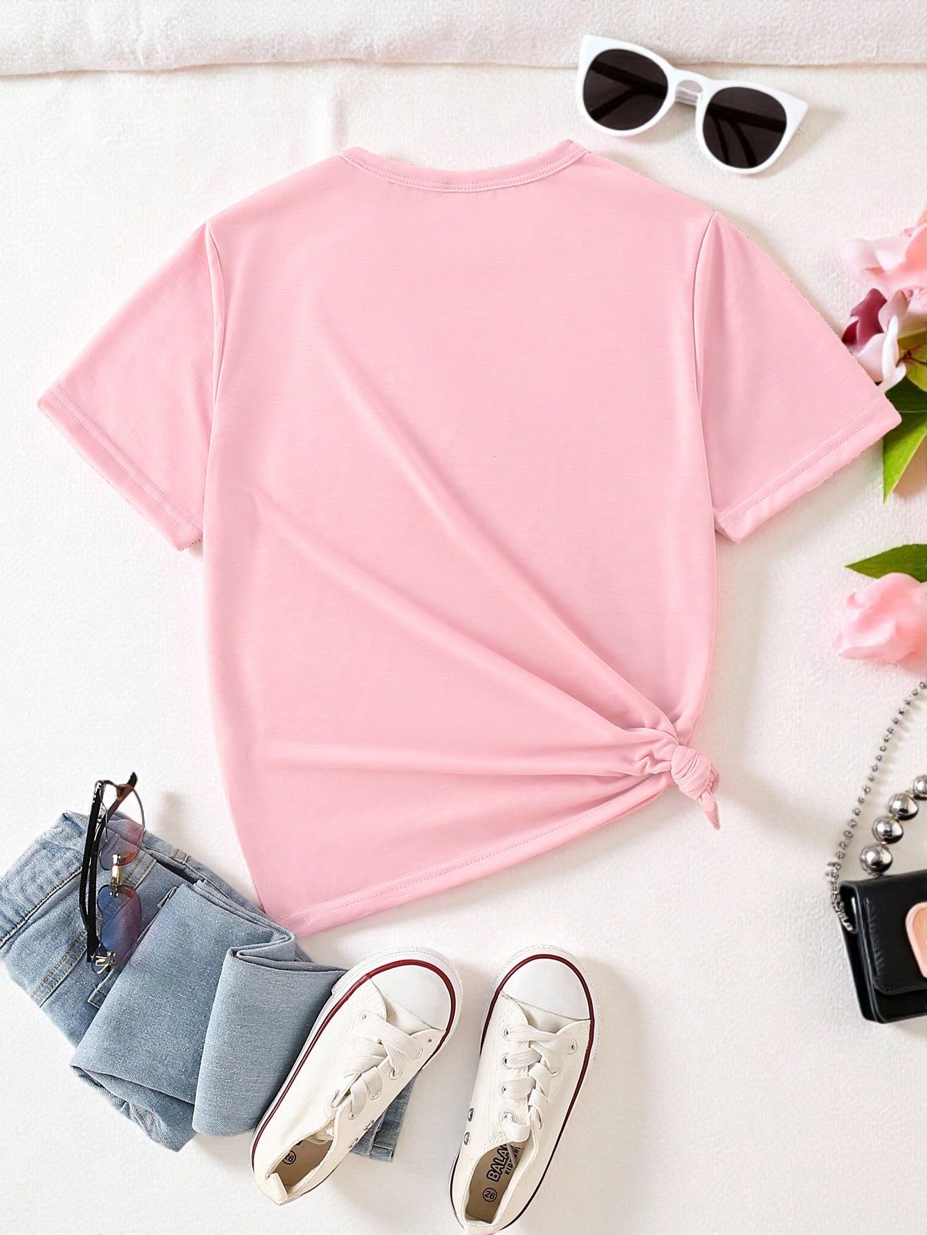 قميص قصير وردي أساسي مريح مزين برسومات وفصوص زخرفي...