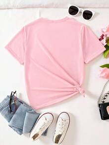 春夏秋季少女休闲时尚创意个性清新别致仿珍珠蝴蝶结装饰印花舒适基础款粉色短款T恤，温暖舒适的夏秋款式，适合春夏秋季穿着。 - 粉色 - 查看 2