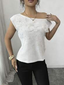 SHEIN Elenzya Women's Elegant Vacation Floral Beaded Blouse - Khaki - View 3
