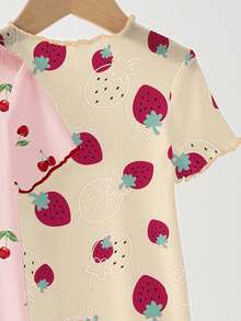 SHEIN Baby Girls Strawberry & Cherry Pattern Cute Simple Homewear Dress Set, Suitable For Summer - Multicolor - View 3