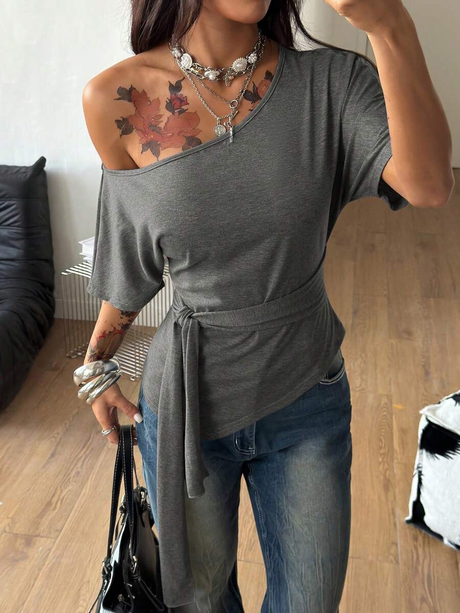 Coolane Áo thun nữ mùa xuân/hè phong cách đường phố thường ngày, thoải mái, màu xám, cổ lệch, có thắt lưng, thích hợp cho kỳ nghỉ hè và đi làm. Kiểu dáng thanh lịch. - Xám - Xem 1