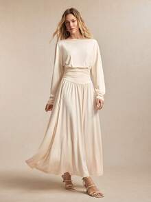 BizChic New Apricot Boat Neck Ruched Waist Pleated Flare Hem Dress, Elegant Urban Commuter Style For Spring/Summer - Khaki - View 3