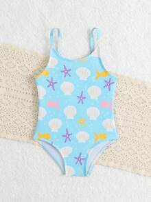 SHEIN 女婴沙滩连体泳衣，可爱蓝色海洋生物和贝壳印花，针织面料，时尚优雅，适合游泳、夏季度假、海滩、泳池、假日派对等场合。 - 彩色 - 查看 5