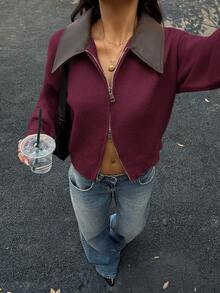 SHEIN Frenchy 复古拼接领短款开衫毛衣 - 2 色可选，女士秋冬服装，美拉德针织开衫，高端仿皮领双拉链针织开衫外套 - 酒紅色 - 查看 7