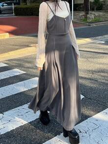 FRIFUL 女士宽松吊带背心和A字裙两件套 - 灰色 - 查看 2